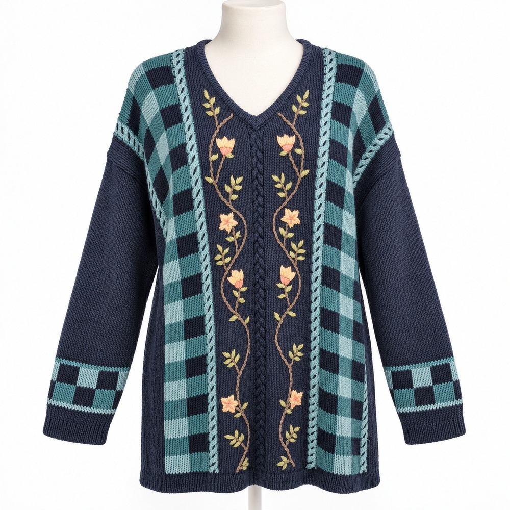 Vintage 90s Floral Cottagecore Cable Knit Sweater SIze M Checkered Blue Granny